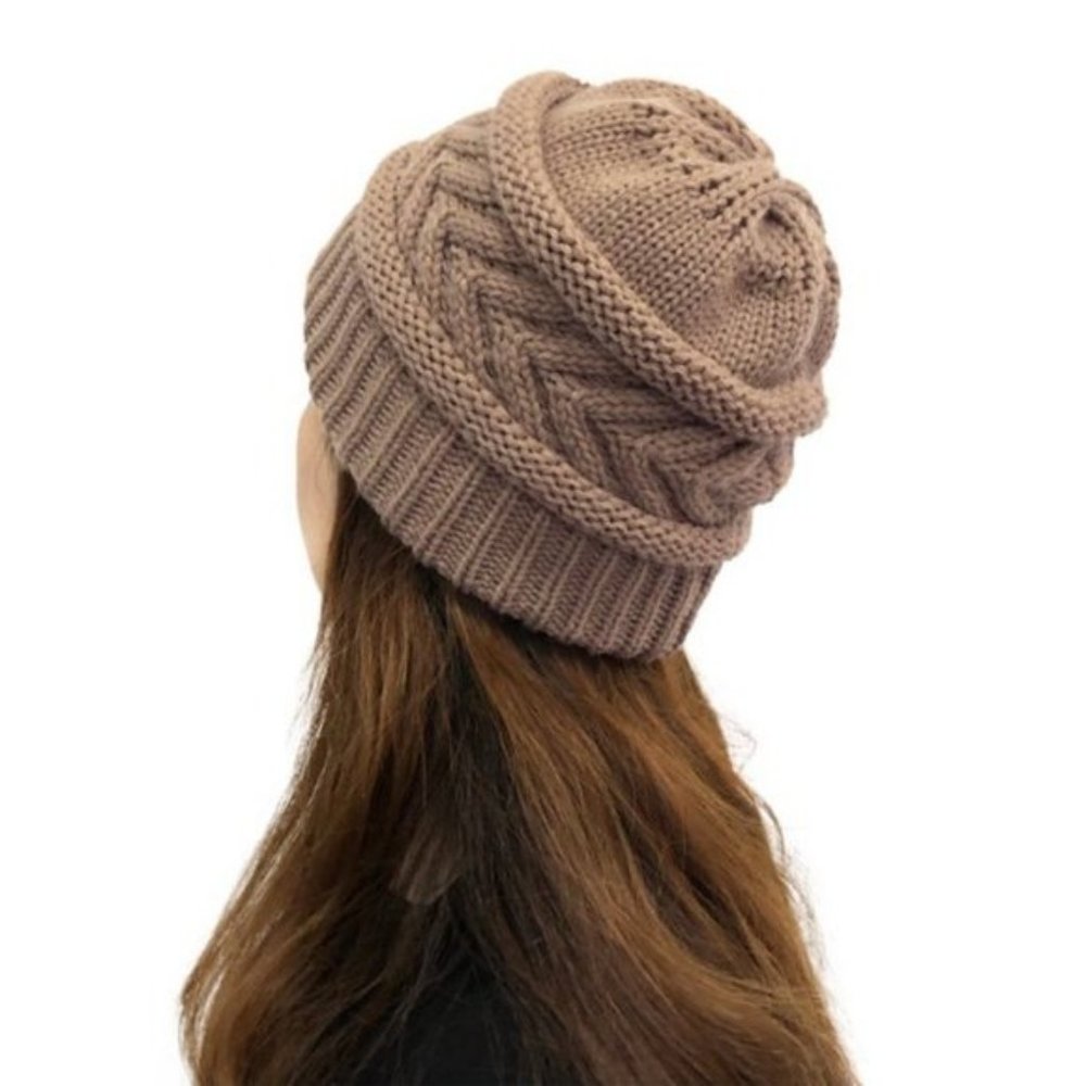 Brown Knit Warm Solid Beige Ponytail Beanie Hat - Picture 4 of 8